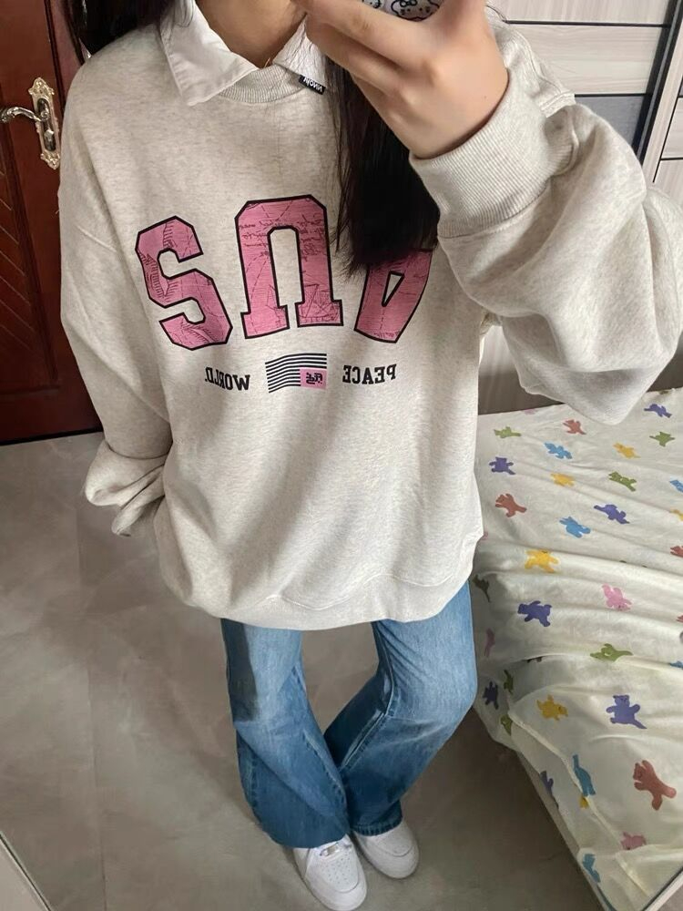 美式復古oversize圓領衛衣女小個子秋冬慵懶港味chic上衣
