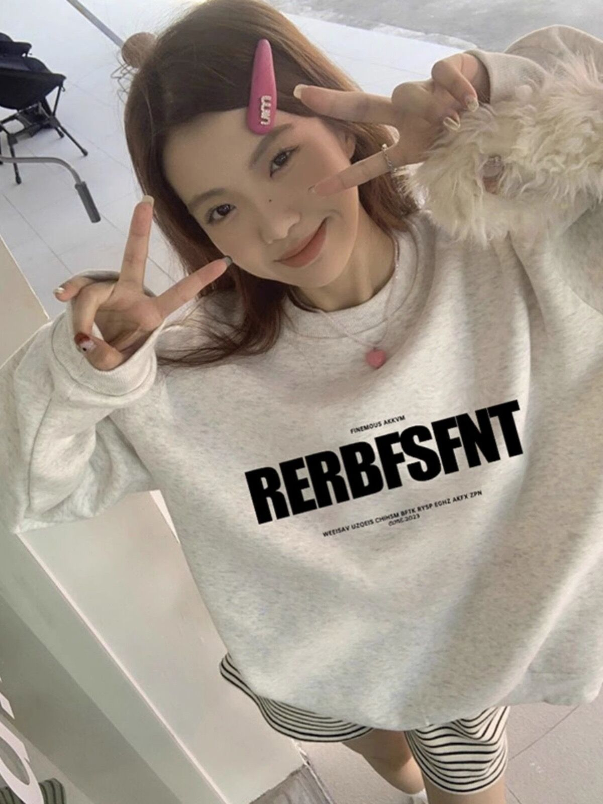 hiphop潮牌花灰色圓領衛衣女裝新款秋季薄款寬鬆休閒百搭上衣外套