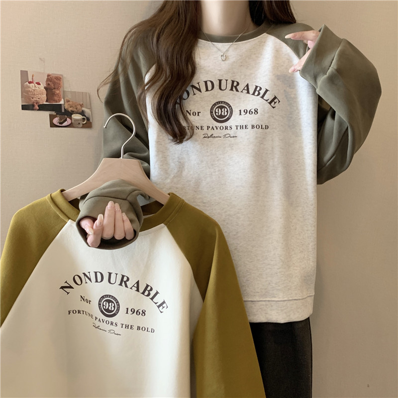 Real shot of pure cotton Chinese cotton composite milk silk 320g thin section with contrasting color long-sleeved round neck sweatshirt for women