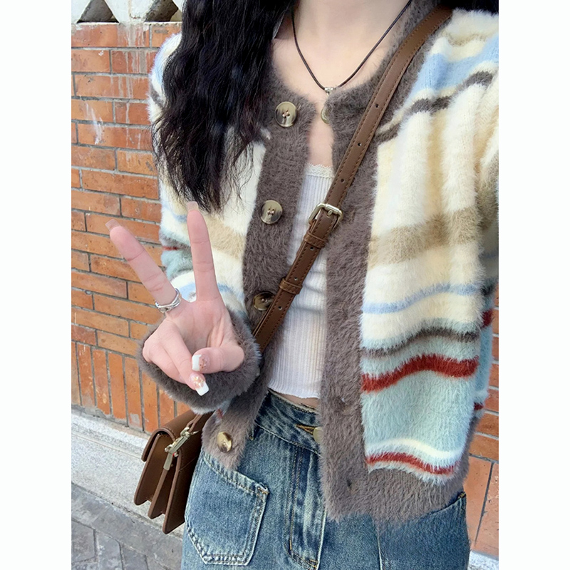 Spring and Autumn Outfits Salt Style American Retro Raw Edge Striped Sweater Design Fufu Round Neck Cardigan Jacket