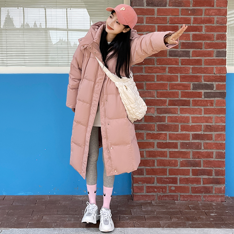 Pink bread down cotton coat for women winter new thickened warm mid-length over-the-knee hooded cotton-padded jacket