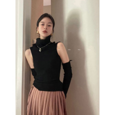 批发实拍实价韩chic设计感翻领高领多穿可拆卸袖套针织坑条<b class='q'>修身</b>毛衣
