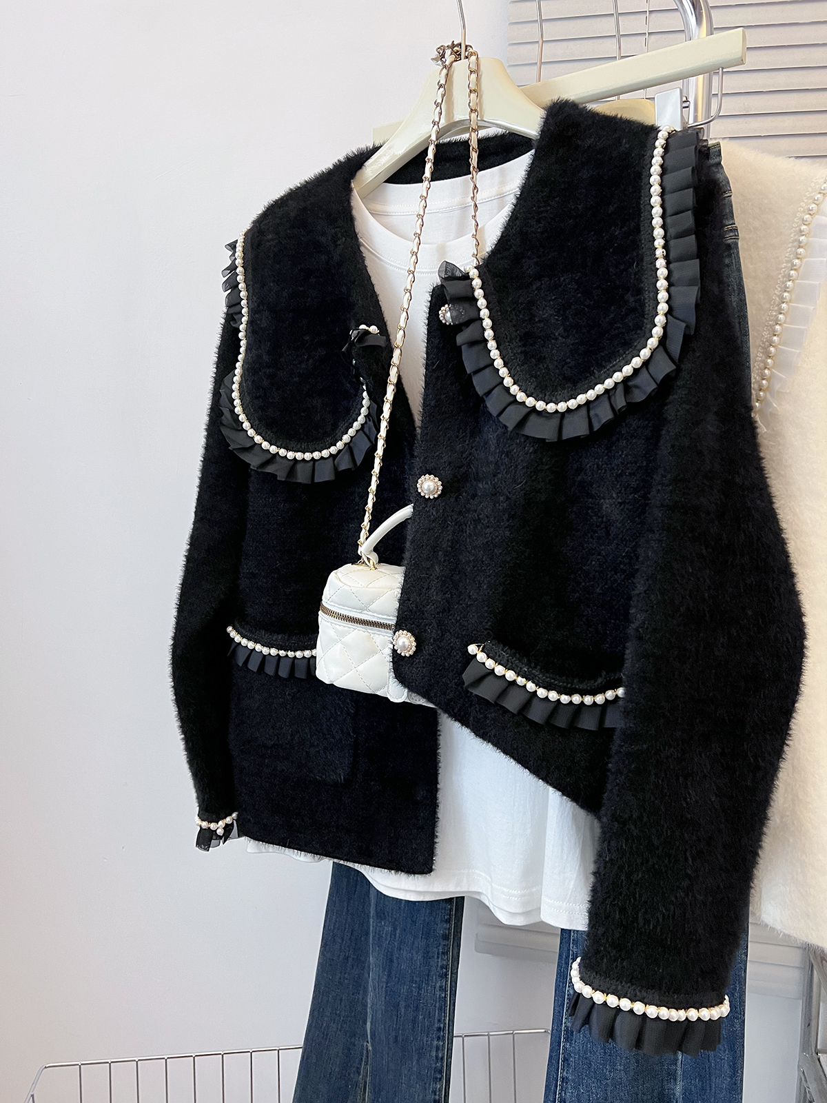 Real shot of heavy industry beading doll collar cardigan sweater for women autumn and winter plus size fat mm foreign style age-reducing imitation mink velvet jacket