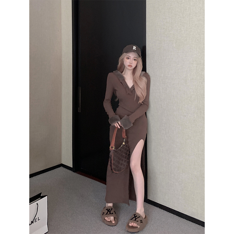 Actual shot of pure lust style long-sleeved hooded dress for women with slit at the hem to slim down the waist and sexy tight skirt