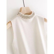 批发秋冬季新款复古浪漫纯手工钉珠半高领气质无袖显瘦针织<b class='q'>背心</b>女