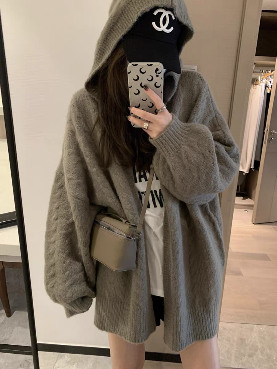 fancccy hooded twist knitted cardigan for women 2023 autumn and winter new style lazy loose lantern sleeve sweater jacket
