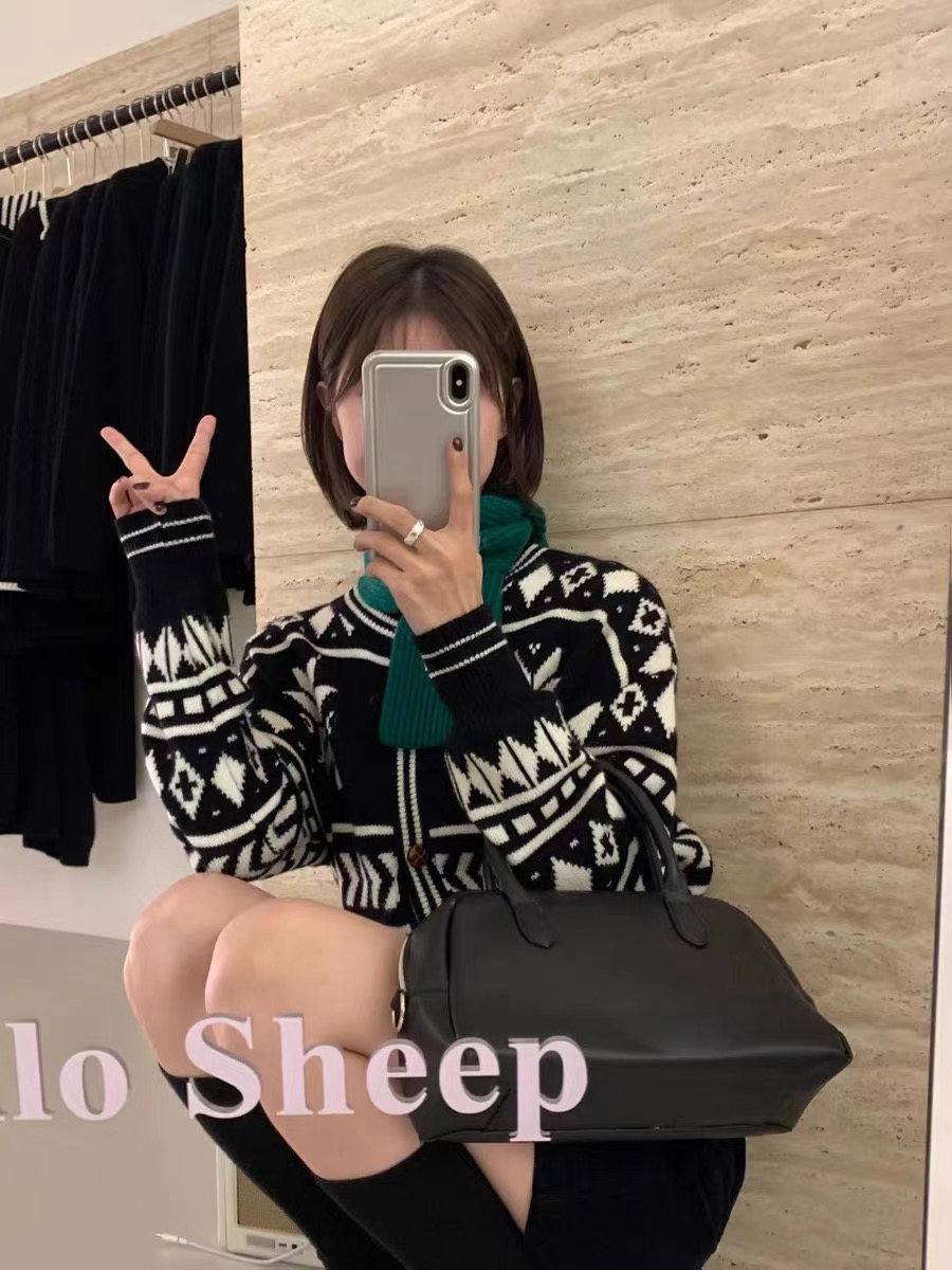 sheep retro contrast color jacquard wool knitted cardigan women's  autumn and winter new Korean style round neck versatile sweater