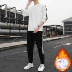 批发纯棉加绒加厚秋<b class='q'>冬</b>款卫衣套装男女三条杠宽松圆领休闲运动套装情侣