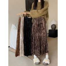 批发实拍实价2025秋季新款韩版丝绒百褶裙松紧腰大摆裙长裙女