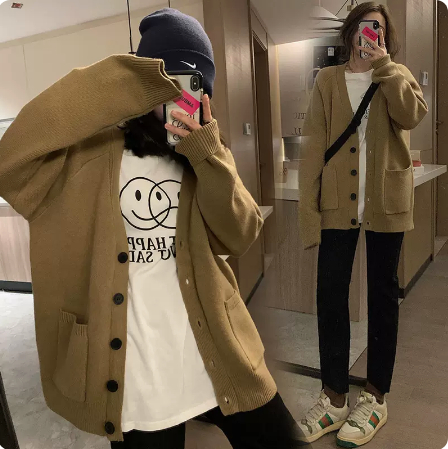 口袋V領針織開衫毛衣女秋冬季寬鬆設計感小眾保暖外穿外套上衣潮
