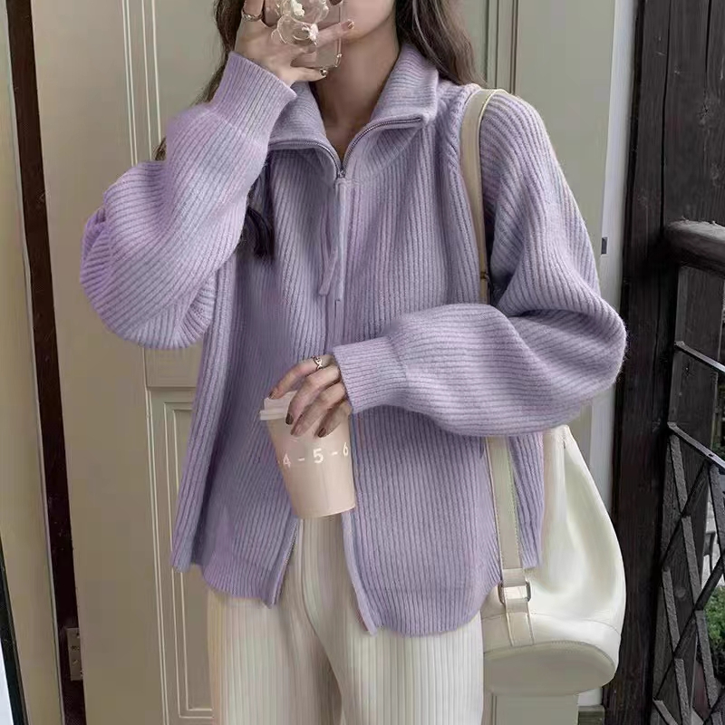 小眾雙拉鏈立領毛衣女2023秋裝軟糯豎坑條寬鬆百搭設計感疊穿外套