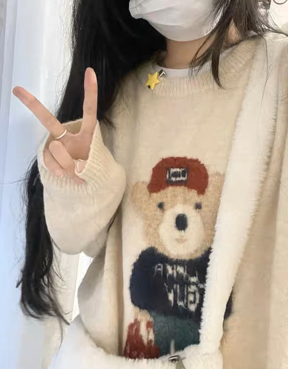 加厚版！慵懶風卡通小熊套頭毛衣女秋冬寬鬆學生長袖針織衫上衣潮