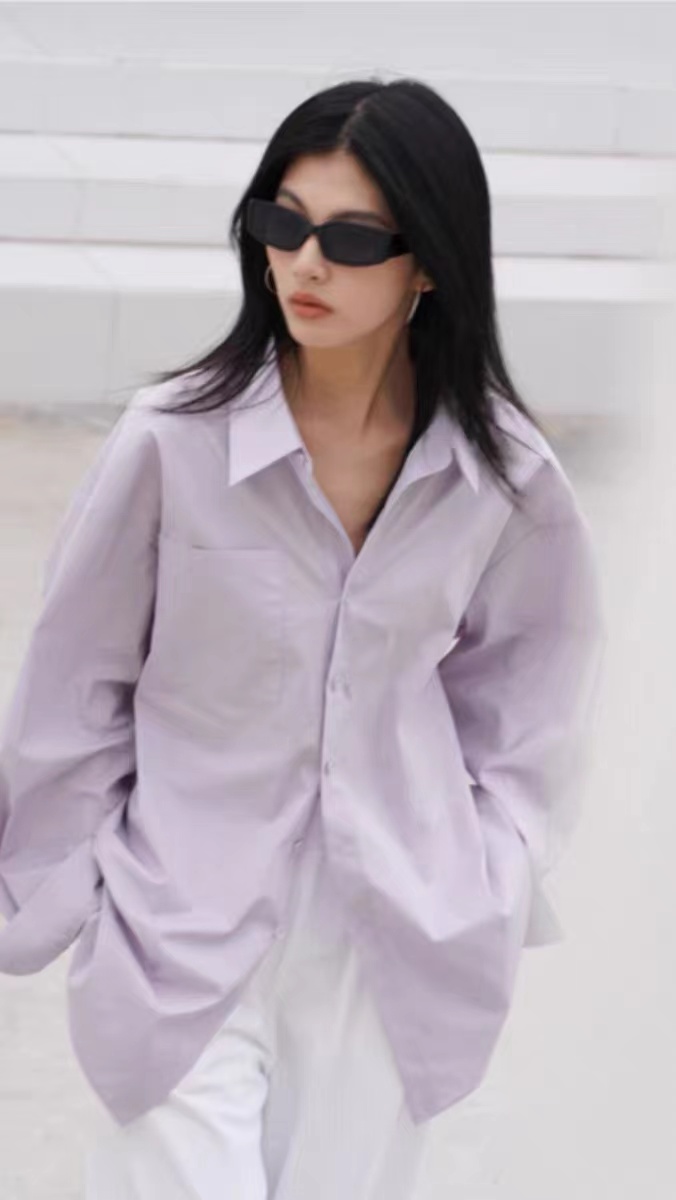 Lilac solid color shirt women's loose design niche pure cotton niche early autumn shirt top