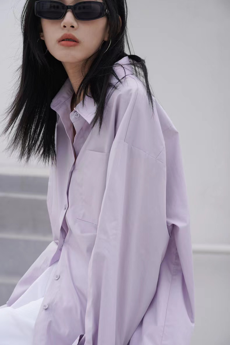 Lilac solid color shirt women's loose design niche pure cotton niche early autumn shirt top