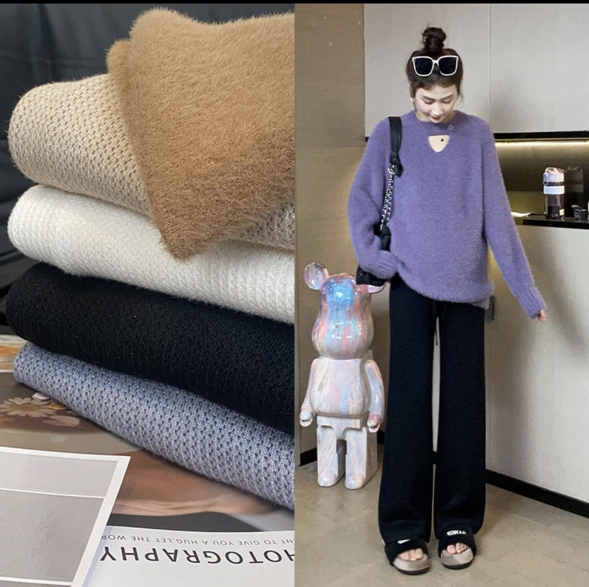 임산부 가을 겨울 털이 있는 임신 기간 로드 중 폭발 디스플레이 다리 길이 다용도 수직 곡물 털이 있는 니트 와이드 레그 팬츠