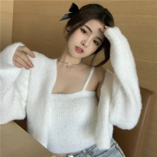 批发抖音天猫质量韩版百搭针织吊带开衫两件套温柔性感仿<b class='q'>貂绒</b>短款<b class='q'>外套</b>