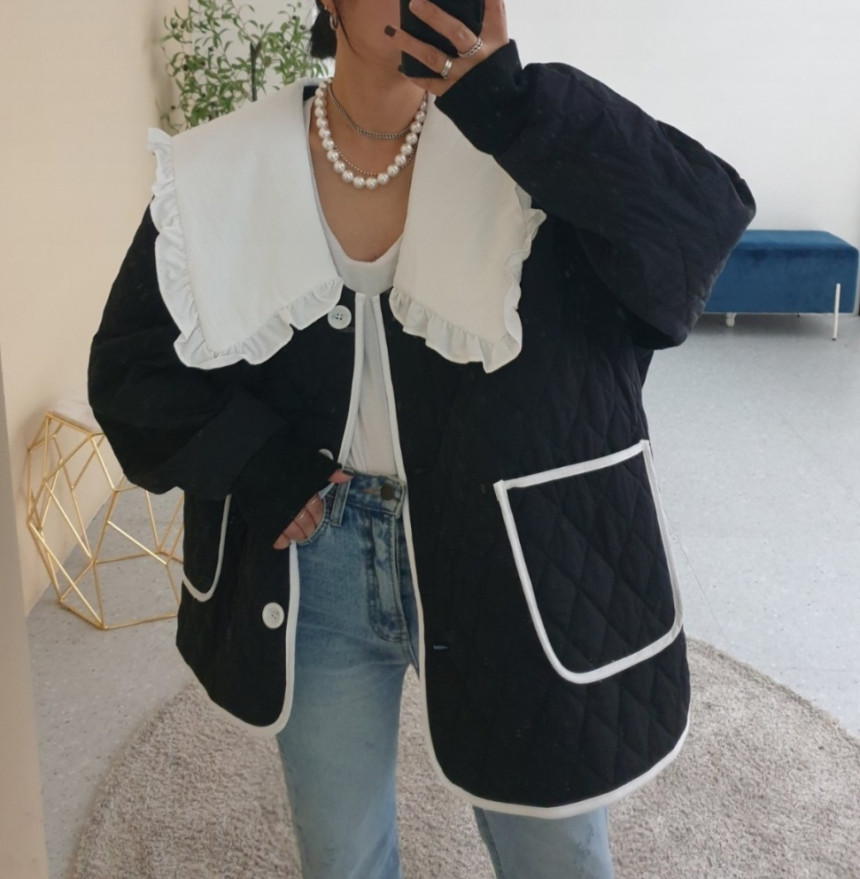 Korean chic winter new age-reducing loose rhombus doll collar thin coat women's casual cotton cardigan