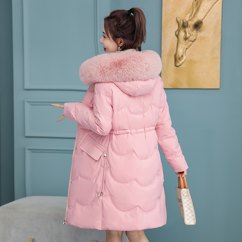 Real shot of thickened middle-aged mother's fur collar hooded mid-length down jacket winter new cotton-padded warm jacket