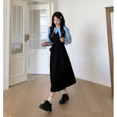 批发官图#捻丝乱麻学院风假两件长袖<b class='q'>连衣裙</b>穿搭裙子遮肚显瘦A字裙