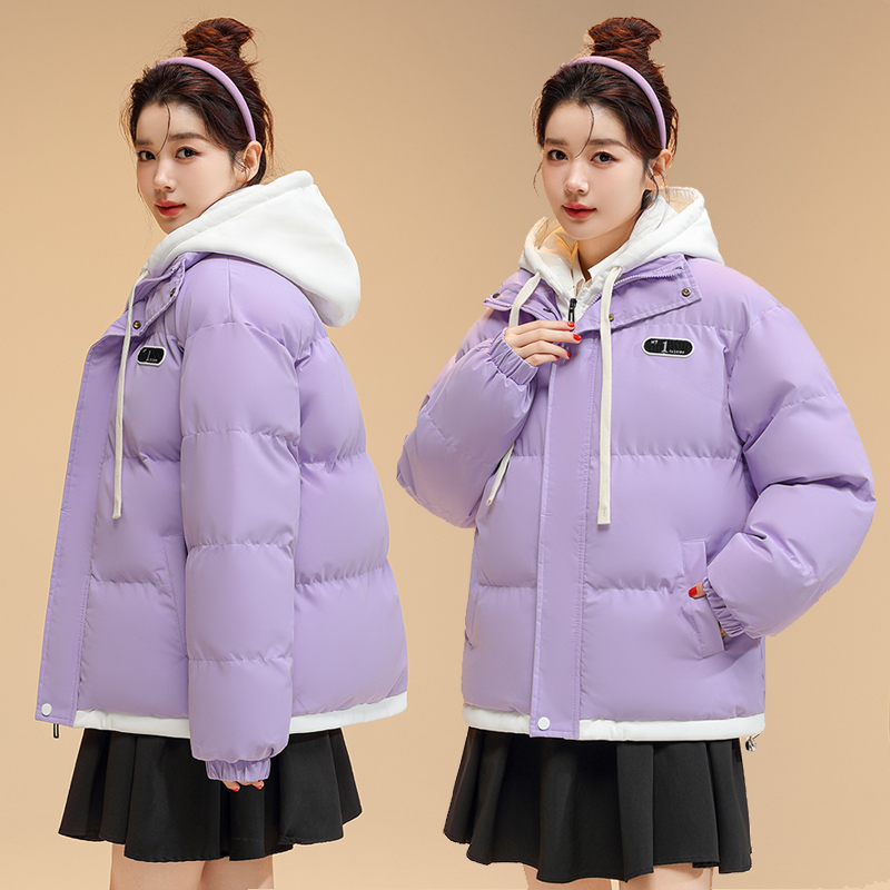 Real shot of high street oversize cotton coat for women winter new student fake two pieces thickened cotton coat casual retro cotton jacket