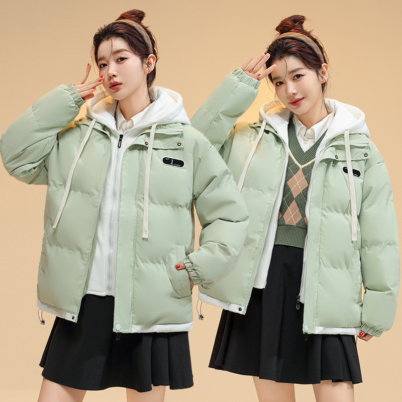 Real shot of high street oversize cotton coat for women winter new student fake two pieces thickened cotton coat casual retro cotton jacket