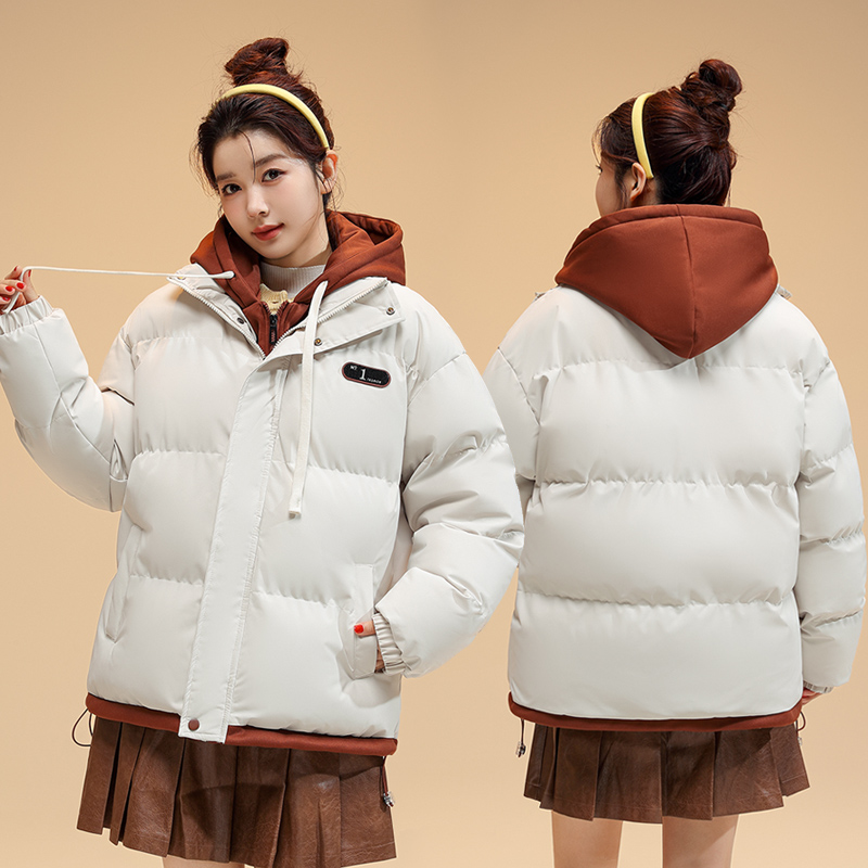 Real shot of high street oversize cotton coat for women winter new student fake two pieces thickened cotton coat casual retro cotton jacket