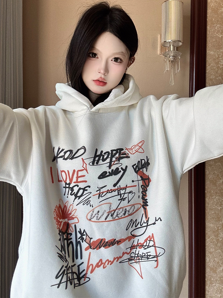 LK STORE LKOD 2023秋冬新款潮牌塗鴉連帽加絨衛衣帽衫男女同款
