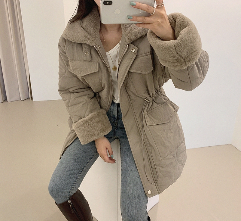 South Korea's  new winter style workwear pocket full body imitation mink fur warm rhombus plaid cotton jacket for women