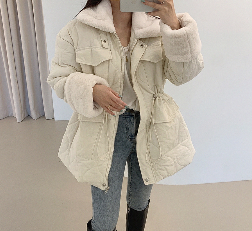 South Korea's  new winter style workwear pocket full body imitation mink fur warm rhombus plaid cotton jacket for women