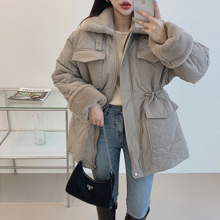 South Korea's  new winter style workwear pocket full body imitation mink fur warm rhombus plaid cotton jacket for women