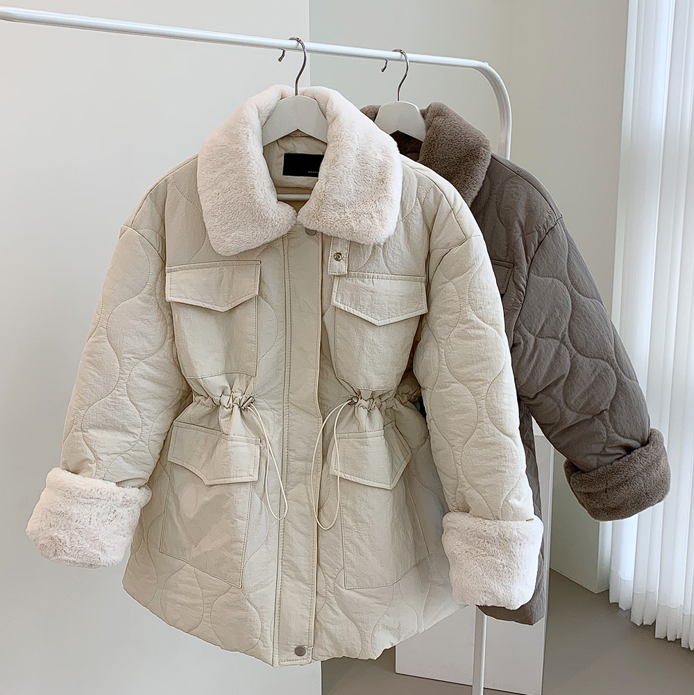 South Korea's  new winter style workwear pocket full body imitation mink fur warm rhombus plaid cotton jacket for women