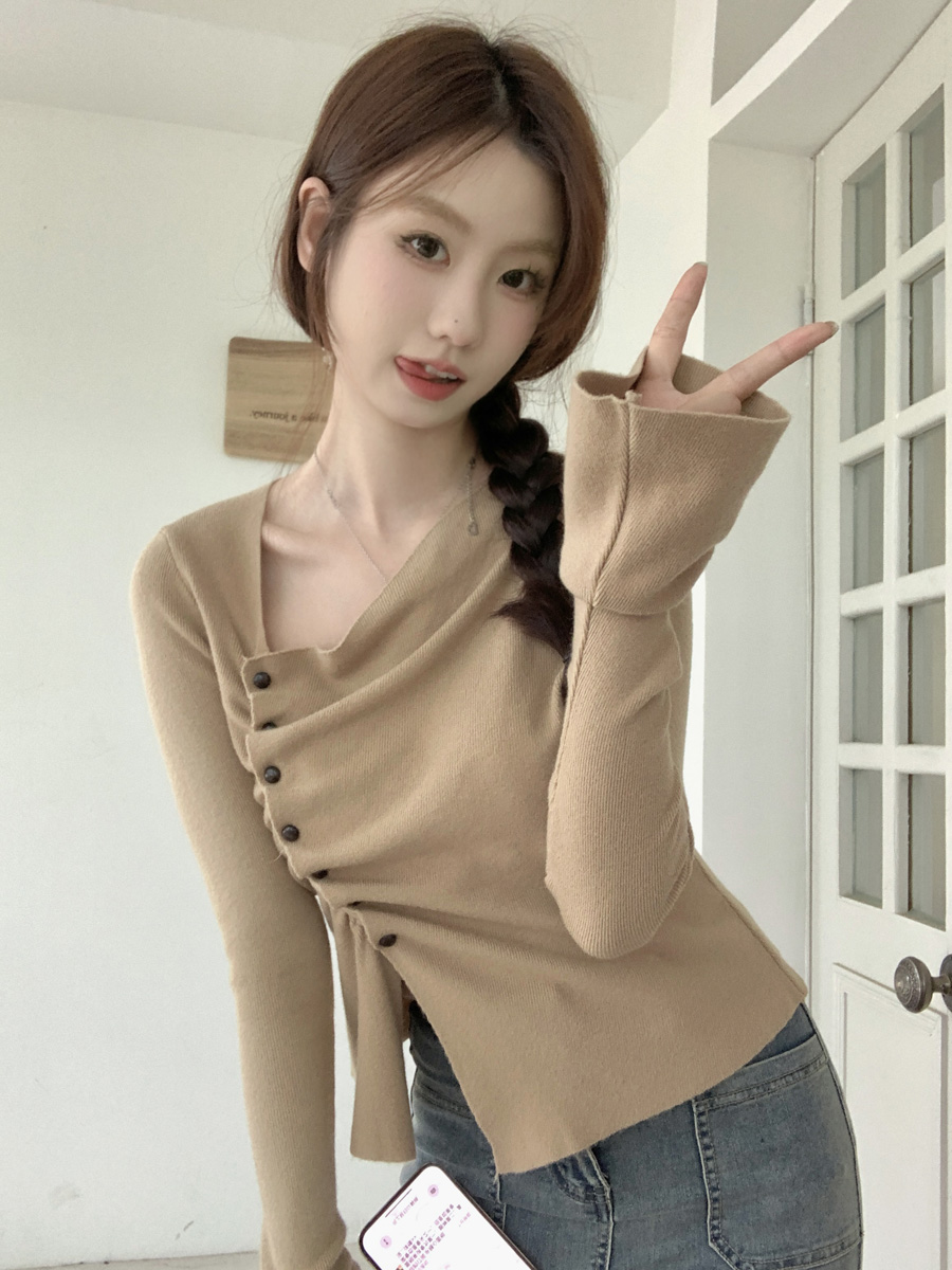 實拍~秋冬季甜辣妹性感不規則v領針織打底衫女設計感長袖上衣