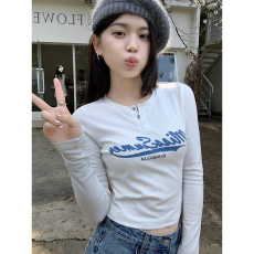 批发实价不减<b class='q'>实拍</b>美式复古辣妹正肩T恤秋新款内搭露脐甜辣上衣打底衫