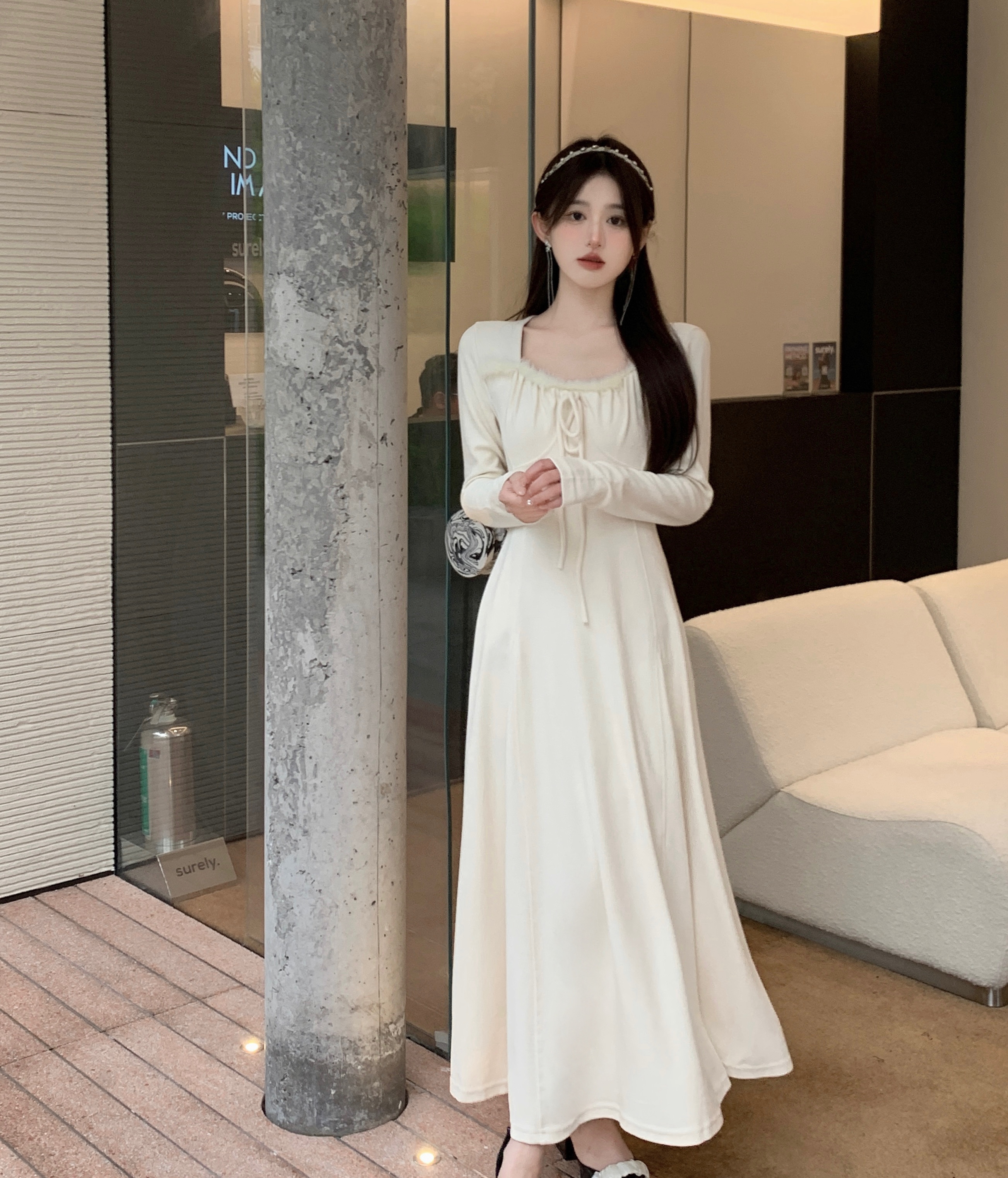 PF24745#大码女装2024秋冬新款韩版甜美拼接毛毛大裙摆打底连衣裙女裝貨源服裝批發