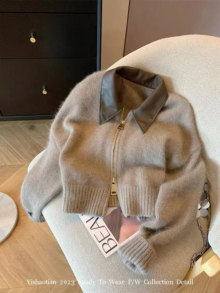 2023 Fashionable Socialite Foreign Style Short Knitted Jacket Design Patch Leather Double Zipper Autumn Women's Soft Waxy Sweater Cardigan