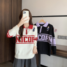 批发大码女装polo领字母毛衣女秋冬宽松套头慵懒风小熊刺绣针织衫外穿