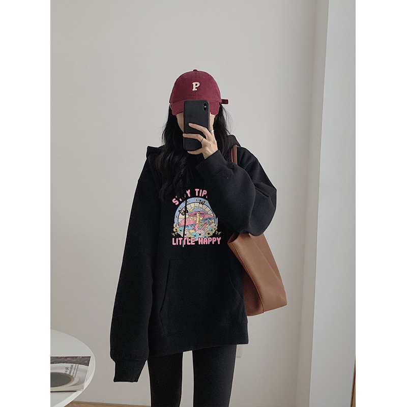 Velvet hooded sweatshirt women's 2023 autumn and winter new black hiphop loose lazy style top