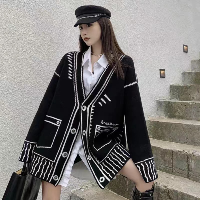 South Korea's Dongdaemun autumn and winter new fashion graffiti loose casual sweater women's lazy style sweater cardigan