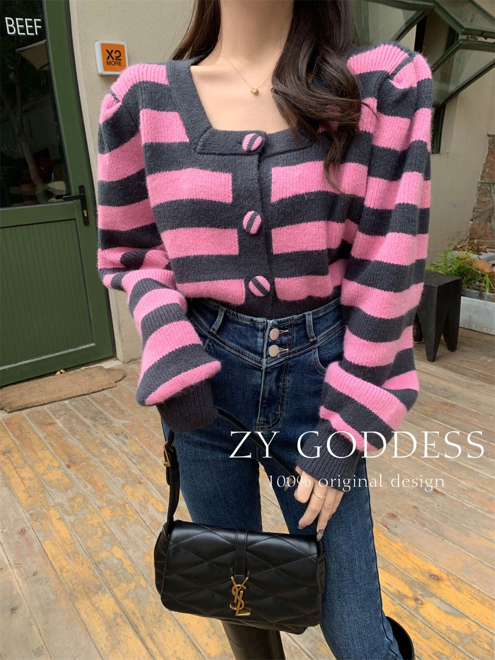 New autumn and winter loose striped short round neck long sleeve sweater for women