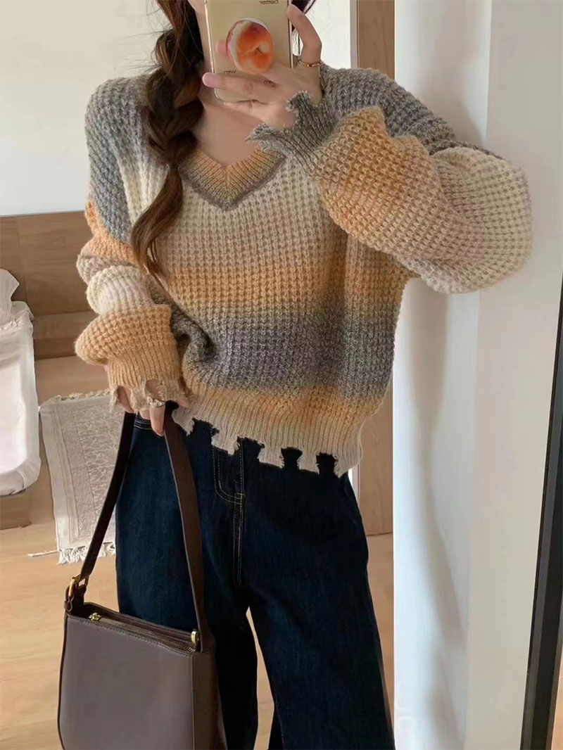 Pink gradient knitted sweater for women in autumn soft waxy milk fufu mohair lazy style long-sleeved jacket top autumn and winter