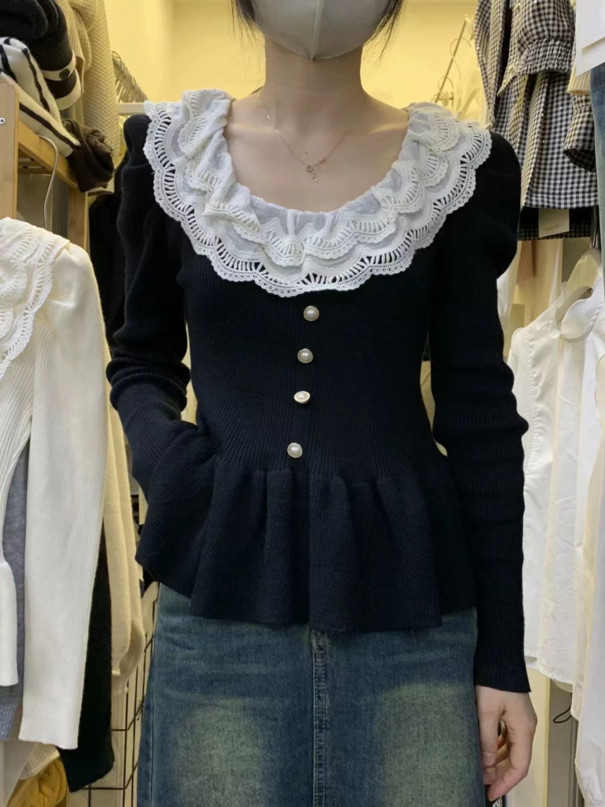Sweet round neck puff long-sleeved sweater for women 2023 new autumn style spliced ​​ruffled slim fit top