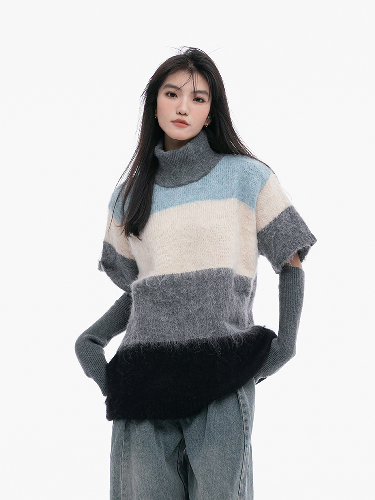 Peath Hot Girl Lazy Style Loose Retro Striped High Neck Knitted Sleeve Sweater Women's Winter Plush Top