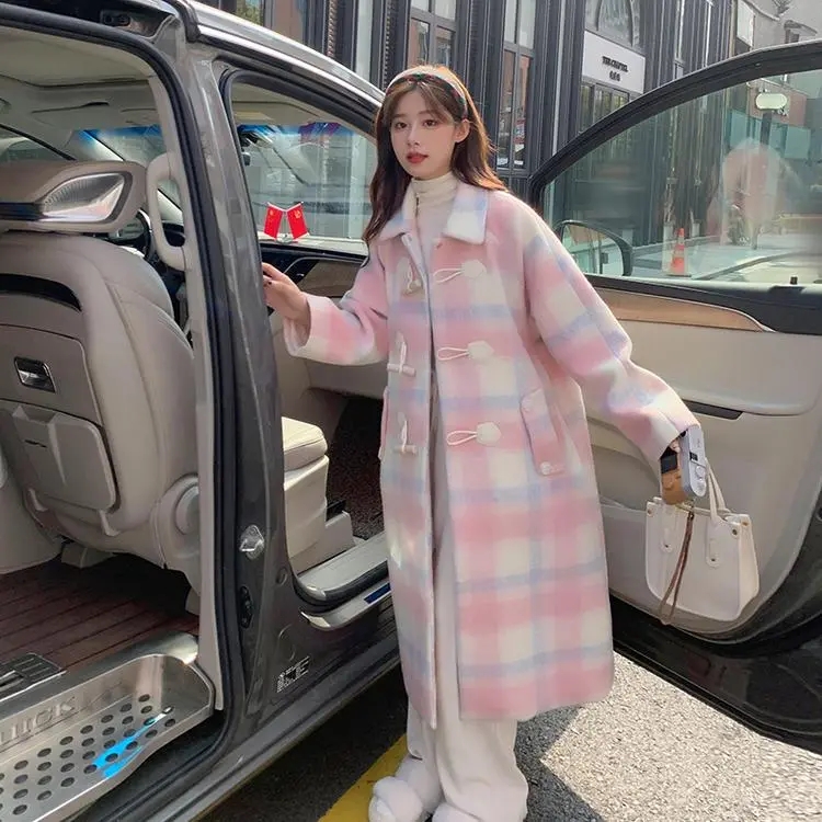 Pink horn button woolen coat for women winter plaid Korean style gentle and sweet new style petite woolen coat