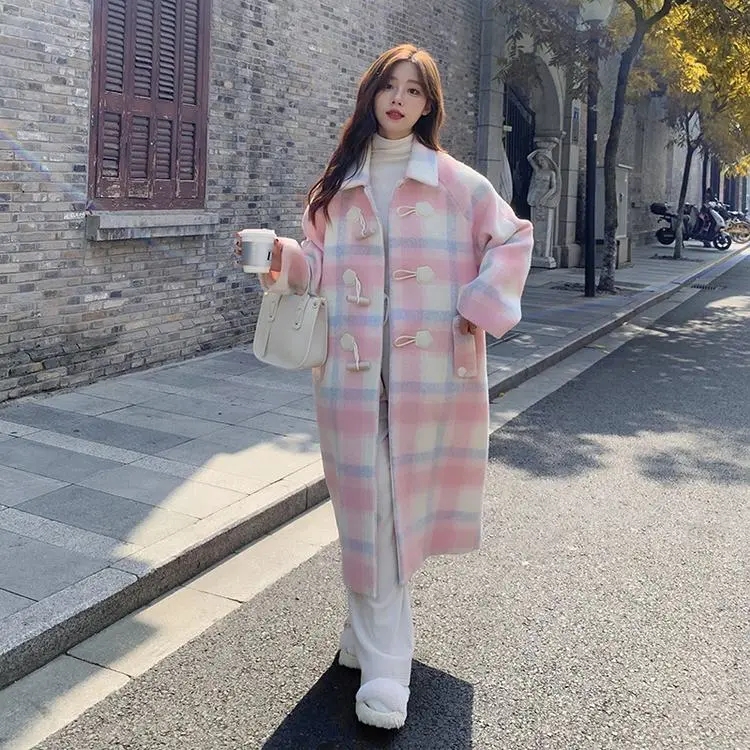 Pink horn button woolen coat for women winter plaid Korean style gentle and sweet new style petite woolen coat