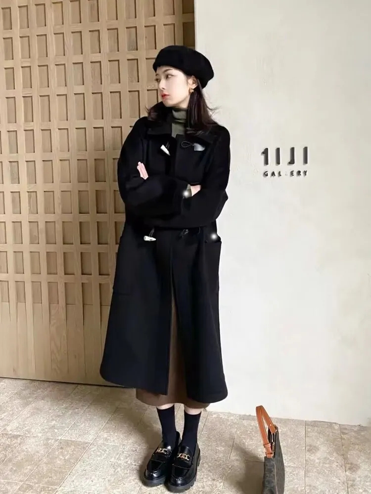 Black Horn Button Coat Women's Mid-Length Thick Autumn and Winter  New Korean Style Shearling Woolen Coat