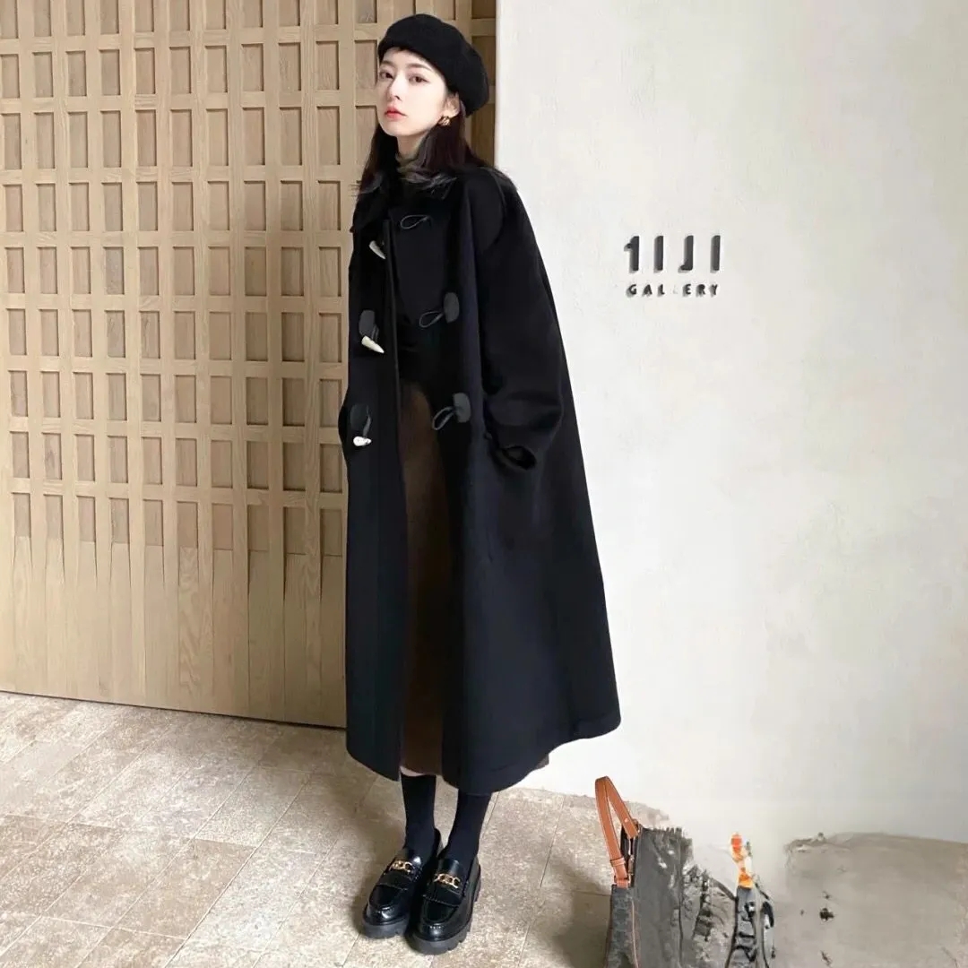 Black Horn Button Coat Women's Mid-Length Thick Autumn and Winter  New Korean Style Shearling Woolen Coat