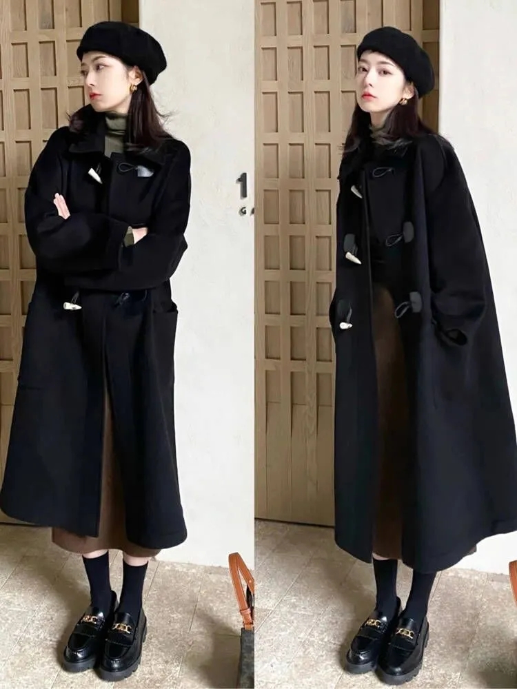 Black Horn Button Coat Women's Mid-Length Thick Autumn and Winter  New Korean Style Shearling Woolen Coat