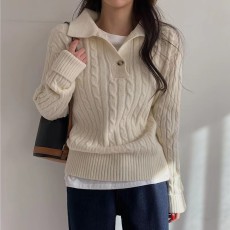 批发<b class='q'>韩</b>系chic秋冬复古Polo领麻花纹百搭套头宽松休闲长袖针织毛衣女