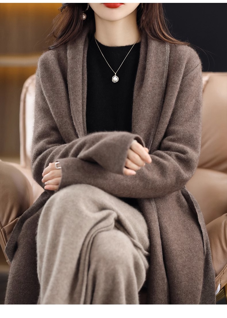 气质慵懒加厚系带宽松山羊绒开衫女中长款外套针织大衣外搭羊毛衫