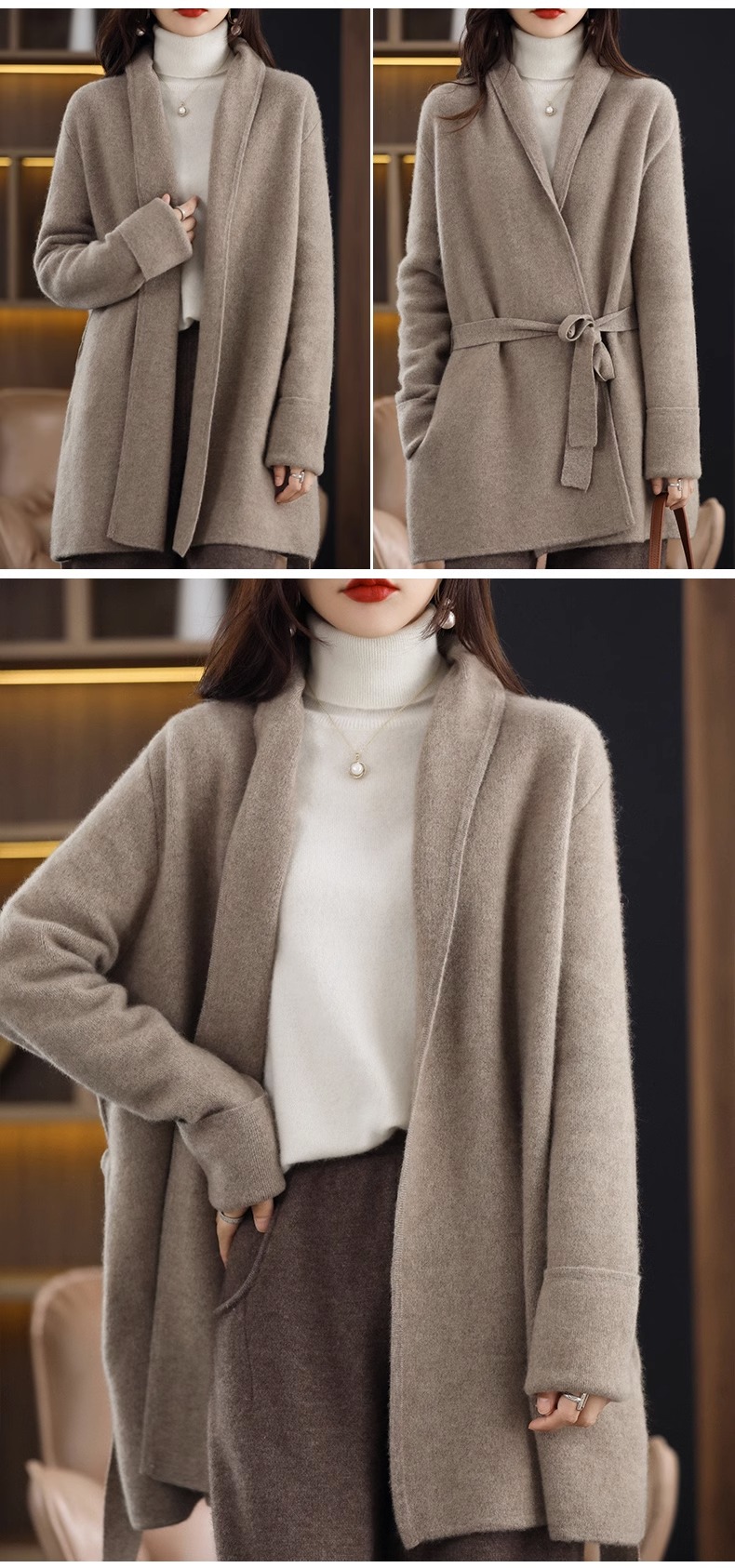 气质慵懒加厚系带宽松山羊绒开衫女中长款外套针织大衣外搭羊毛衫